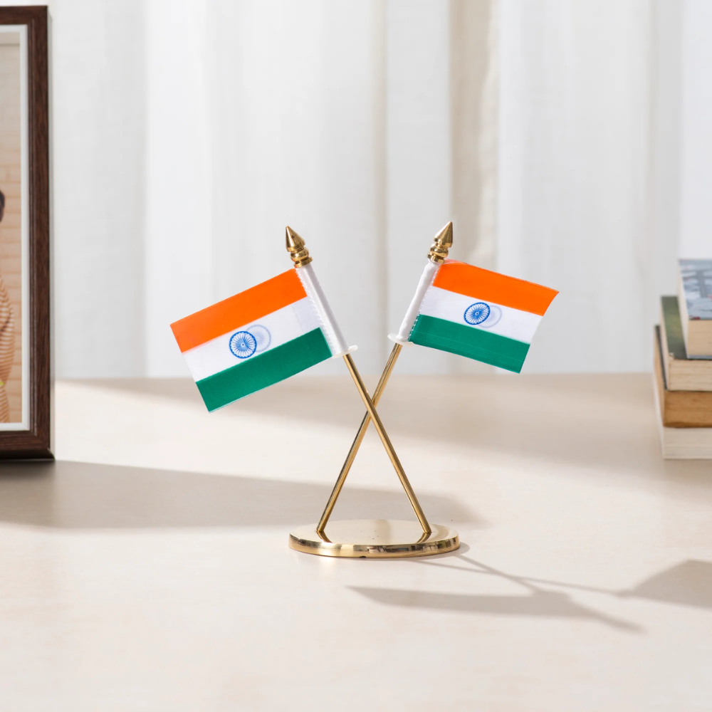 Indian Flag Hindustan Tiranga for Car Dashboard Table Home Decoration Decor Cross Design Stand